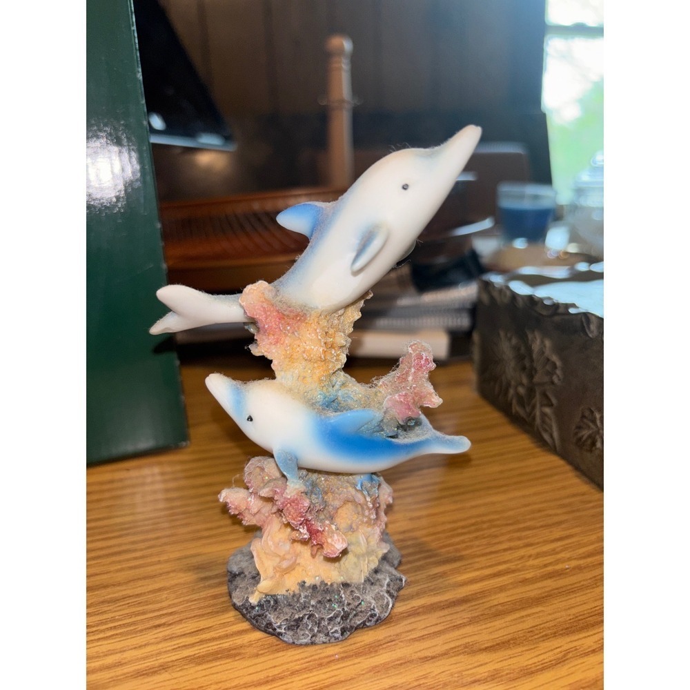 2 Dolphin Figurine Coral Reef & Silver Tone Metal Hanging Votive Candle Holder